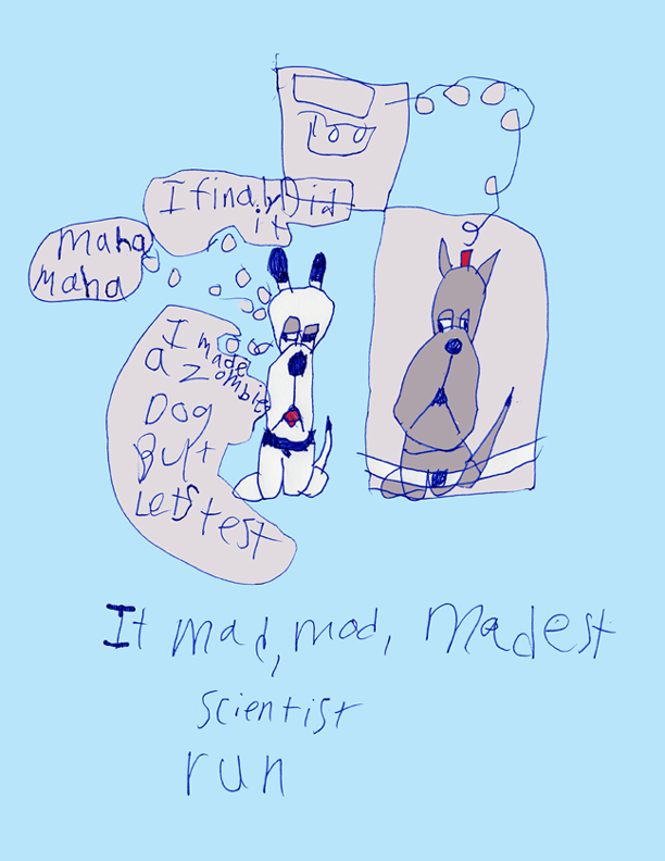 "Little Dog With A Lot To Say In Mad Scientist" Digital Print, Little Dog Cartoon Art Gallery, Comic Art for Sale from Artist Mathew Lichtman
