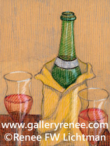 "TWine and Glasses"  Crayon, Still Life Art Gallery, Artist Renee FW Lichtman